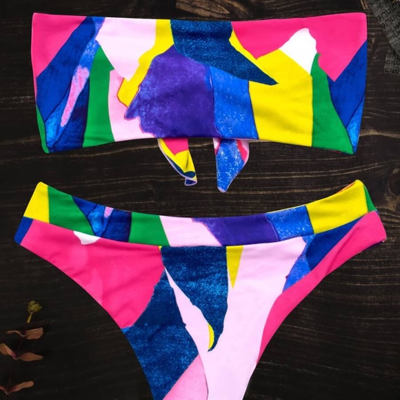 boho front tie colorblock high waisted bikini PINK - Picture 8 of 8